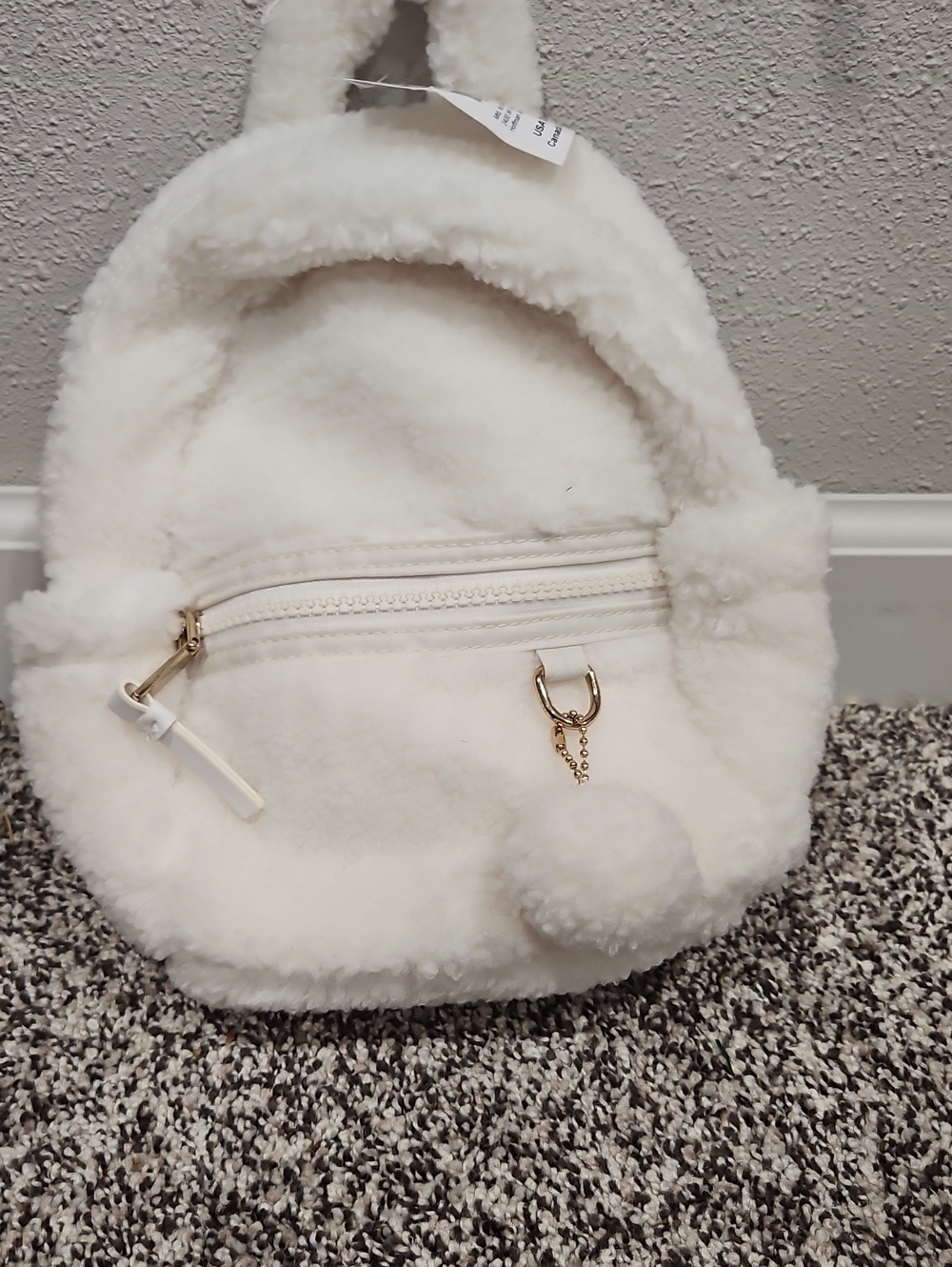 Icing White Faux-Fur Mini Backpack with Pom-Pom Charm